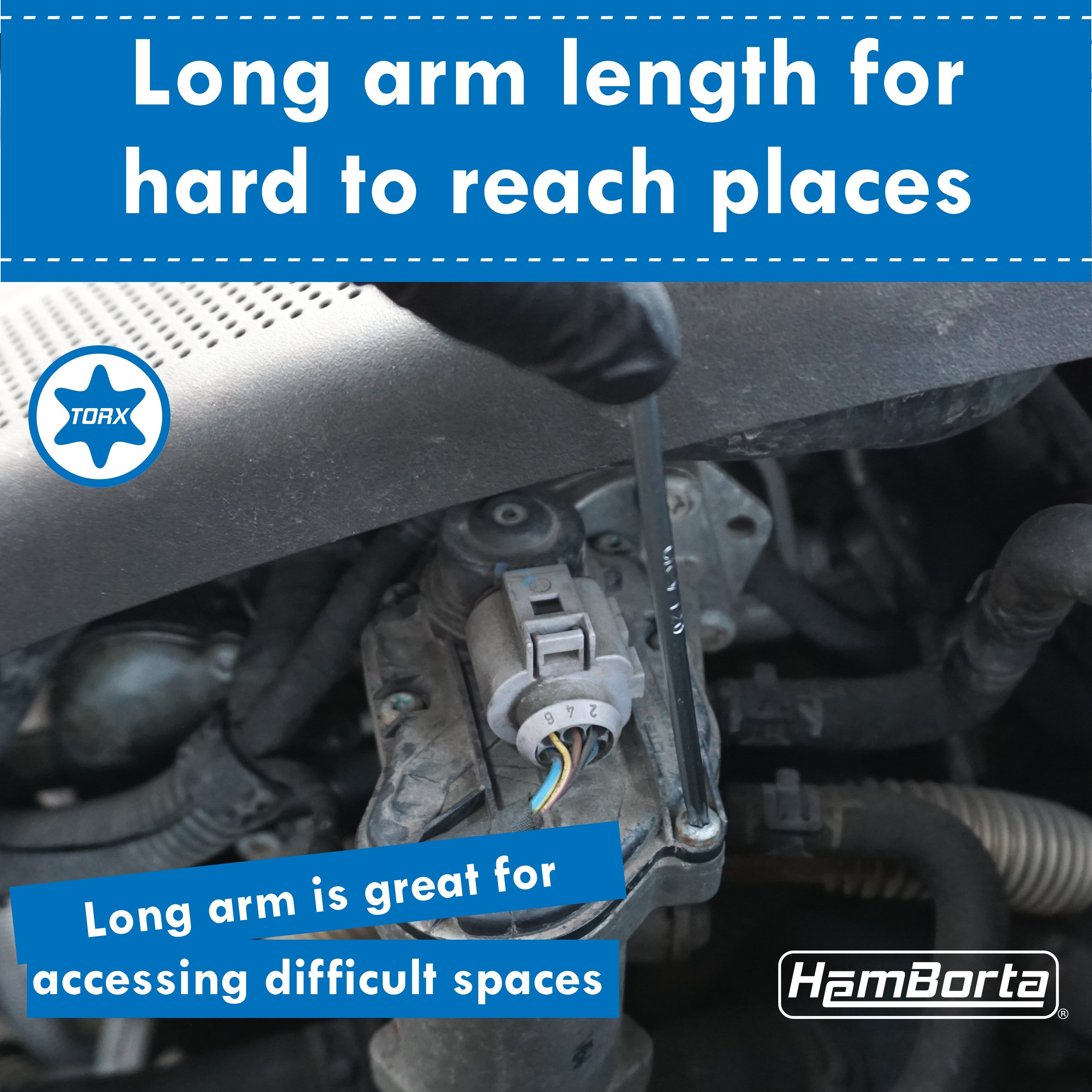 HemBorta Torx Key Set has a long arm length to reach star Torx screws