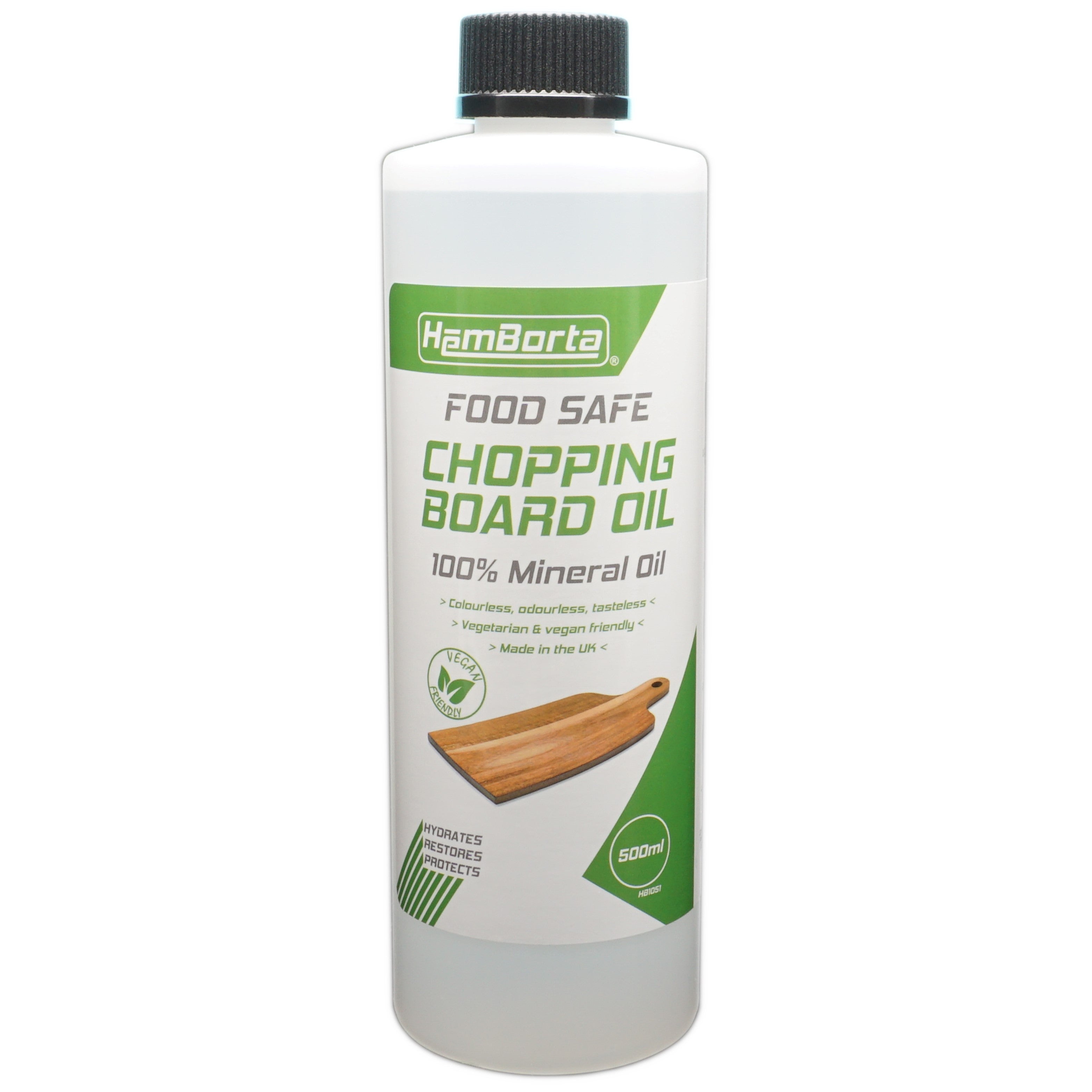 HemBorta Chopping Board Oil 500ml is a good grade mineral oil that protects and restores wooden boards