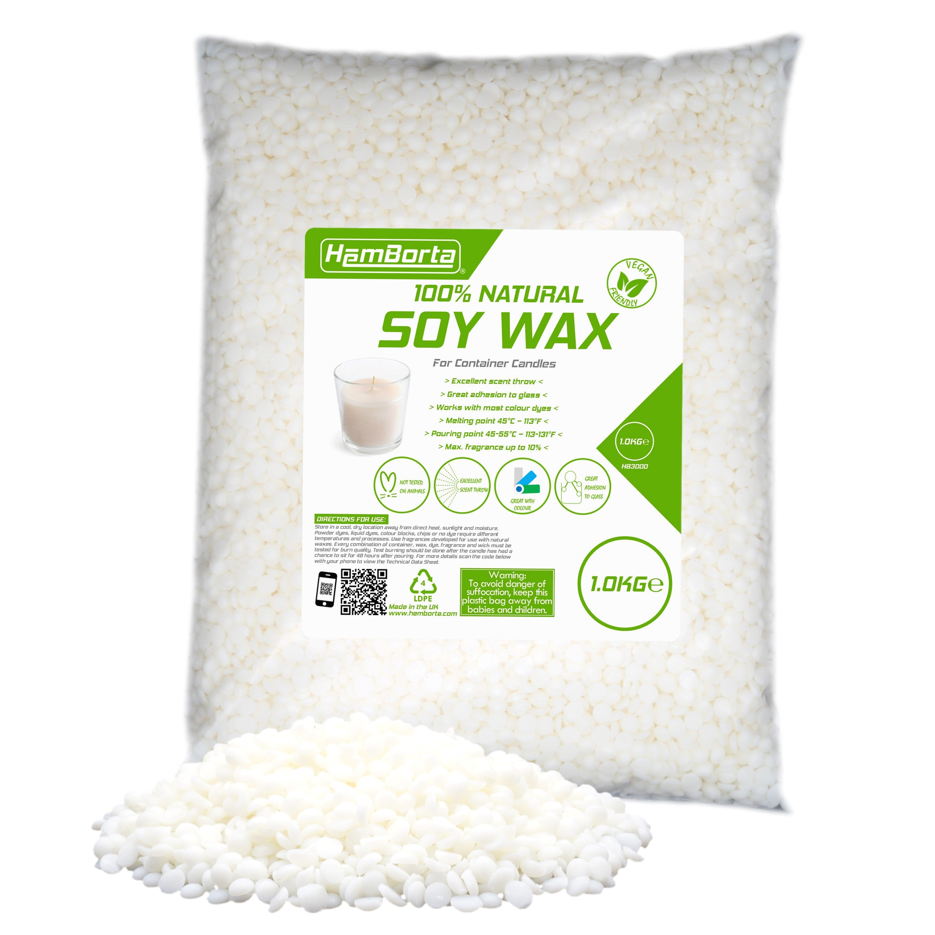 HemBorta Soy Wax Premium Container Candle Wax - 100% Natural Vegan Friendly for Candle Making 1Kg 5Kg Pellets