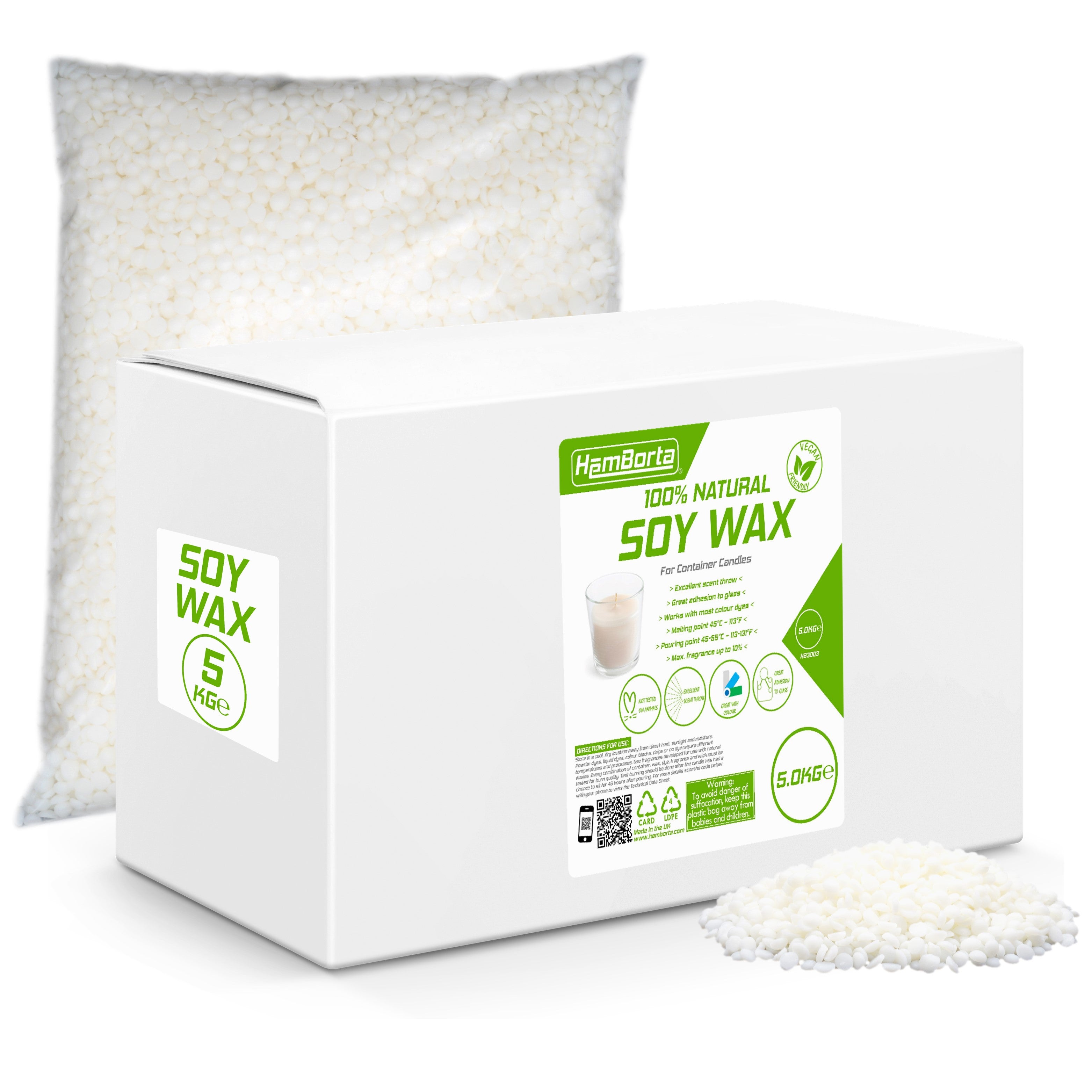 HemBorta Soy Wax Premium Container Candle Wax - 100% Natural Vegan Friendly for Candle Making 1Kg 5Kg Pellets