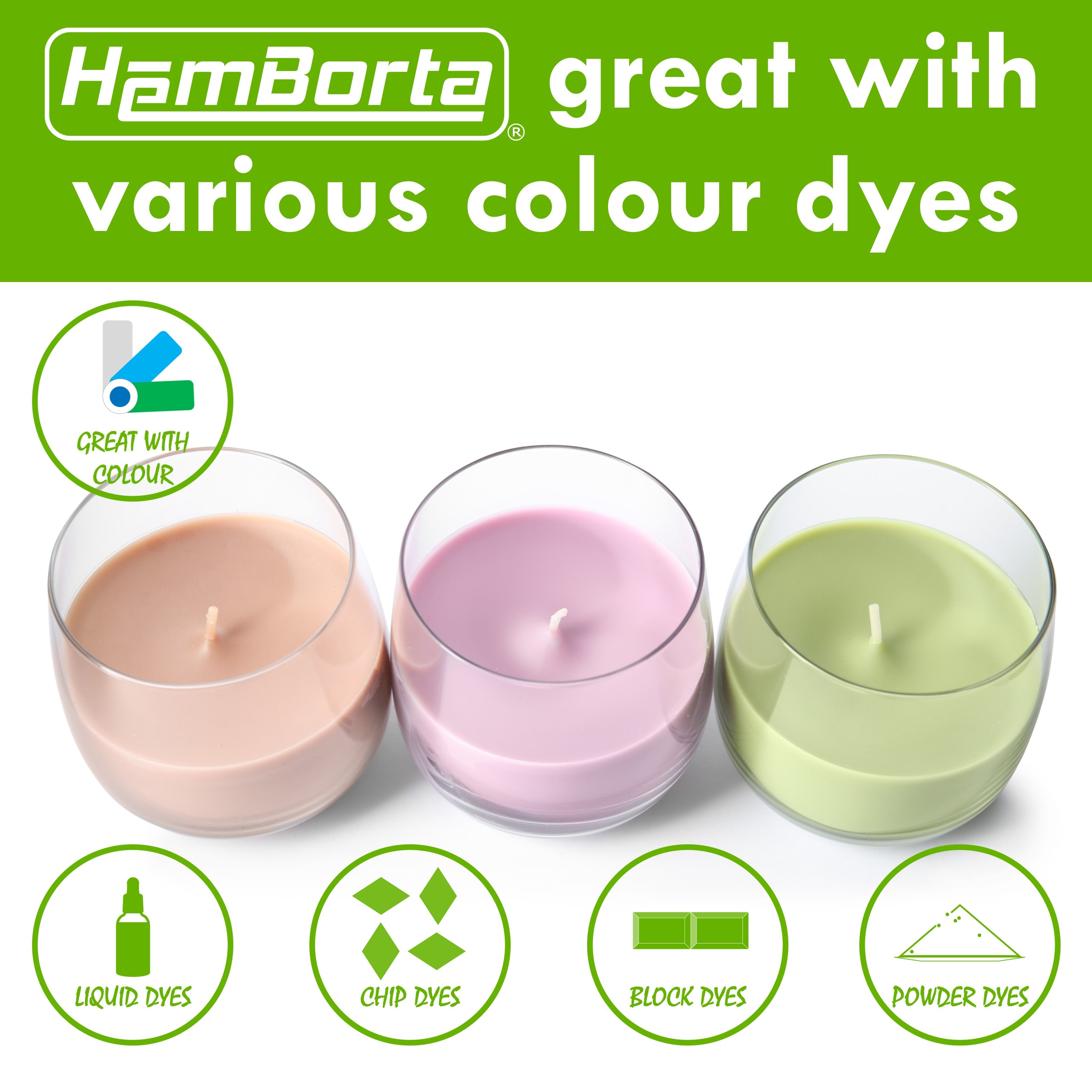 HemBorta soy wax is great for use with various candle colouring dyes